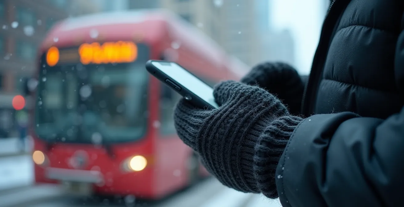 Commuter hands holding phone with transit tracking in Toronto winter