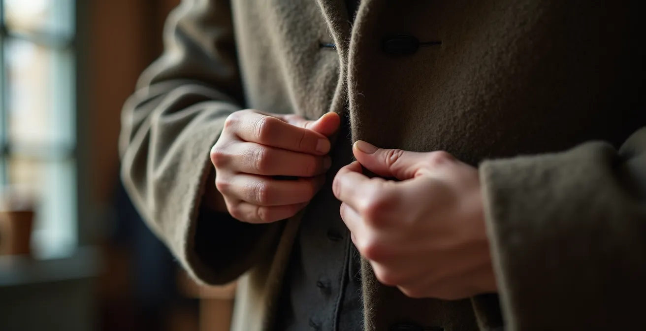 Person examining vintage wool coat seams with natural lighting