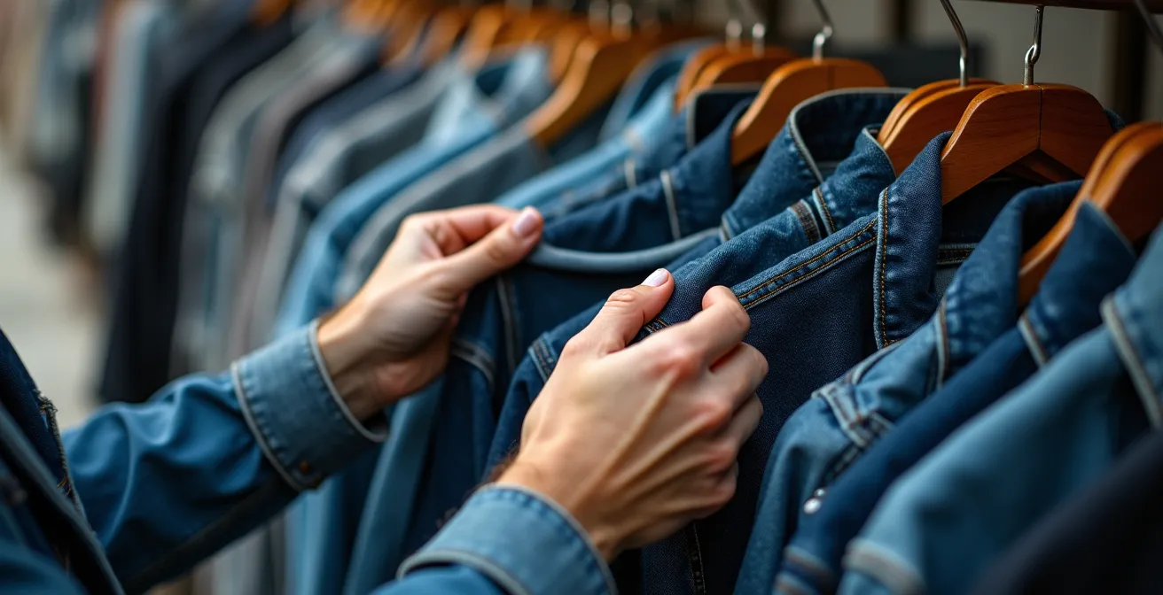 Person's hands sorting through vintage denim jackets on a densely packed clothing rack in warm afternoon light