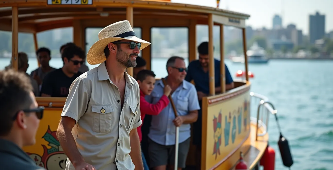 Morning scene of water taxis departing from Toronto harbourfront slips with passengers boarding