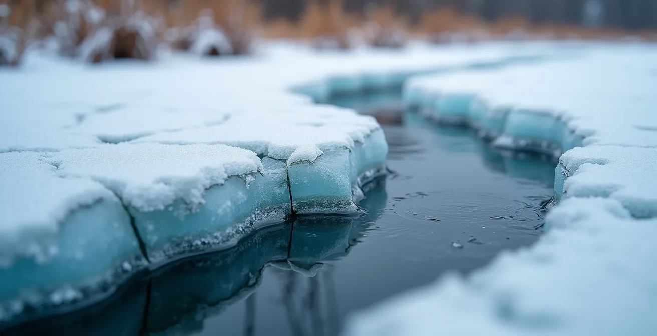 Dangerous winter ice formations along Grenadier Pond shoreline