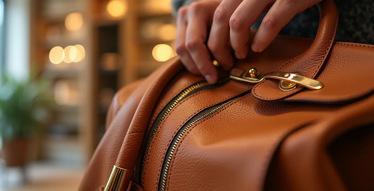 Close-up detail of luxury leather goods and silk scarves with rich textures