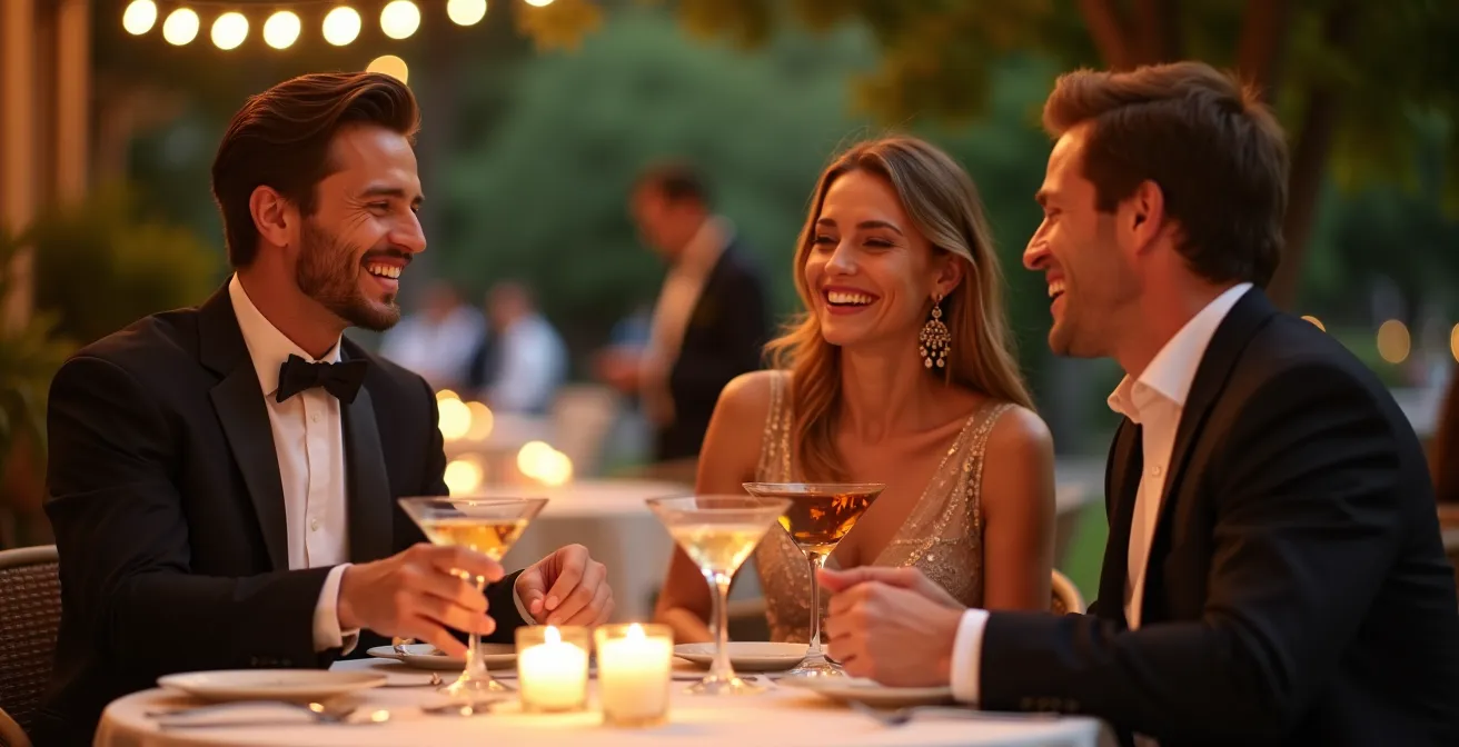 Elegant outdoor patio dining setup with ambient lighting and diners enjoying cocktails
