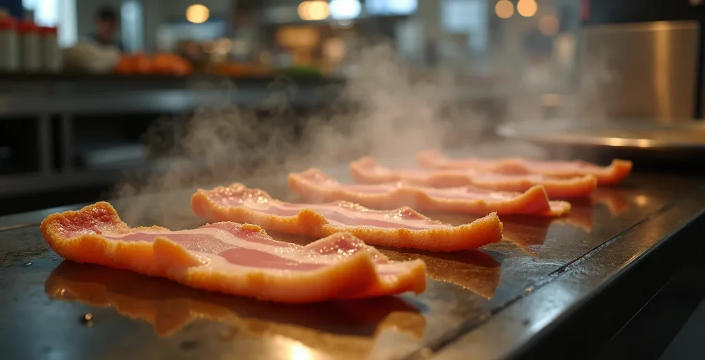 Peameal bacon slices searing on a hot griddle showing the characteristic curl and golden crust Peameal bacon slices searing on a hot griddle showing the characteristic curl and golden crust